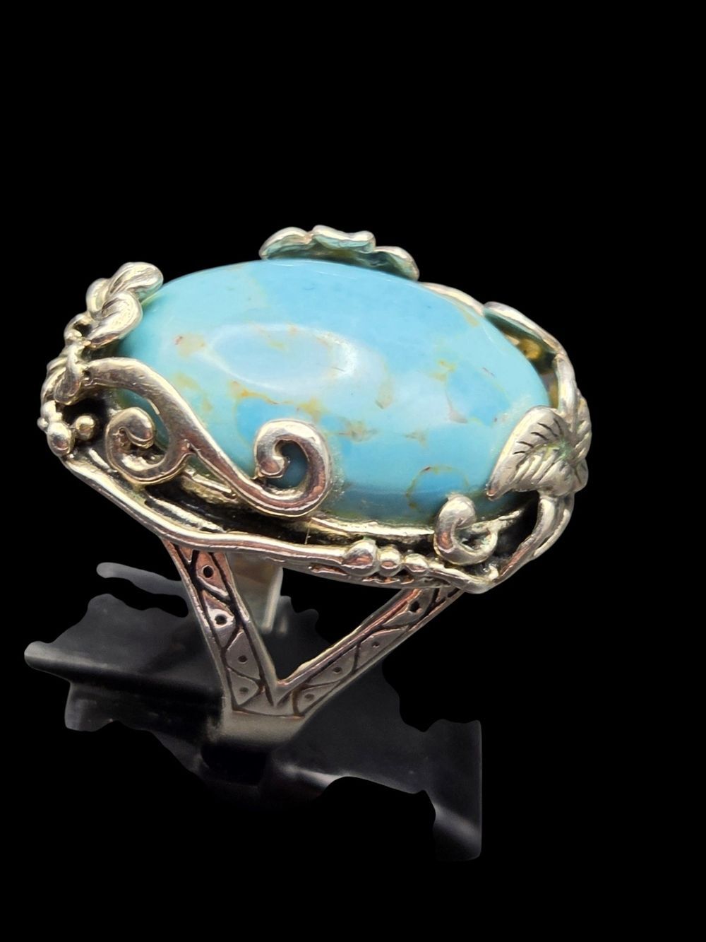 CFJ Collins Fine Jewelry Turquoise Floral Sterling Ring, Vintage, Size 7 - Picture 3 of 6